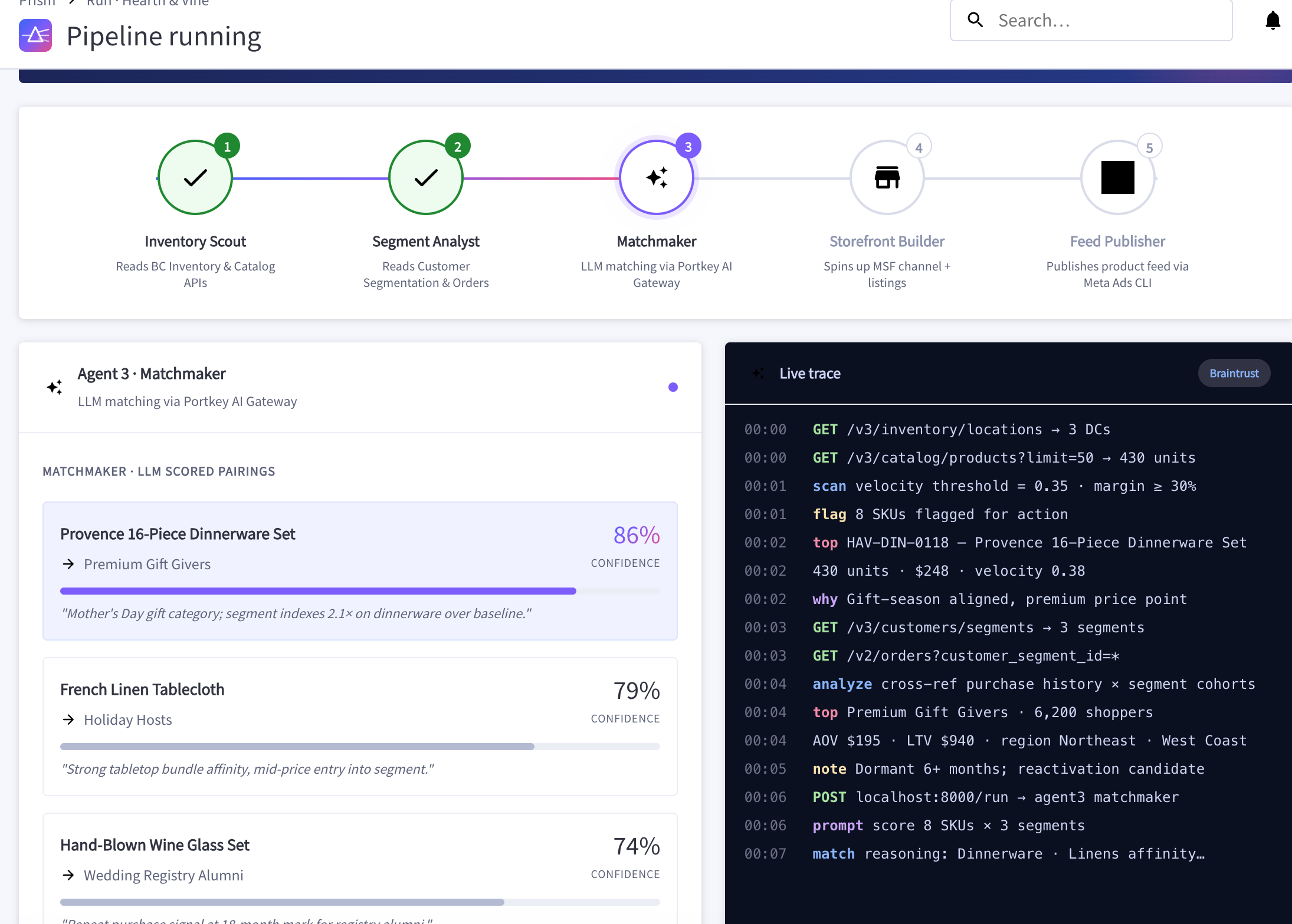 Prism UI showing real-time pipeline progress via SSE
